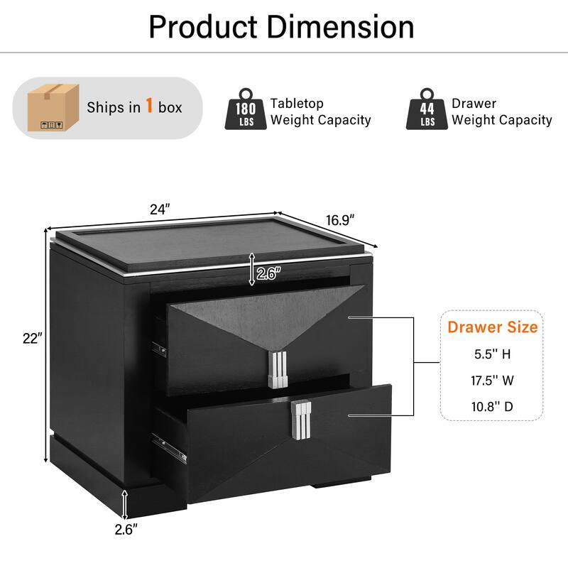 Mid-Century Modern 2-Drawer Diamond Wood End Table with Storage - Black