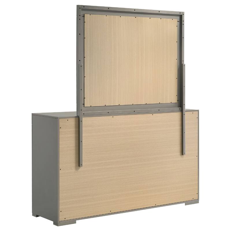 Ivon Wide Dresser with Mirror, 6 Drawers, Gray High Gloss Wood, Metal