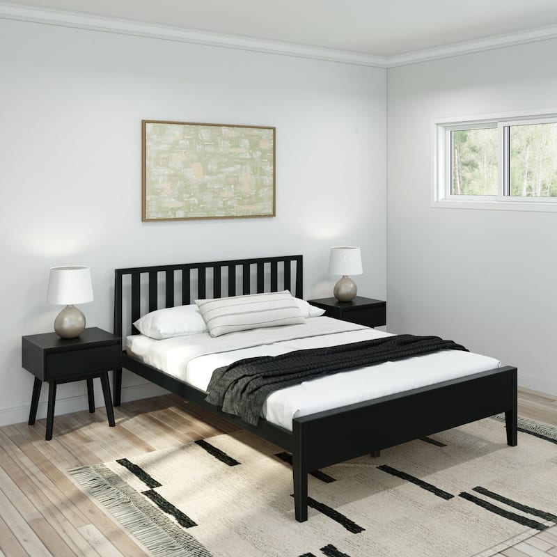 Plank and Beam Modern Queen-Size Bed with Slatted Headboard - Black
