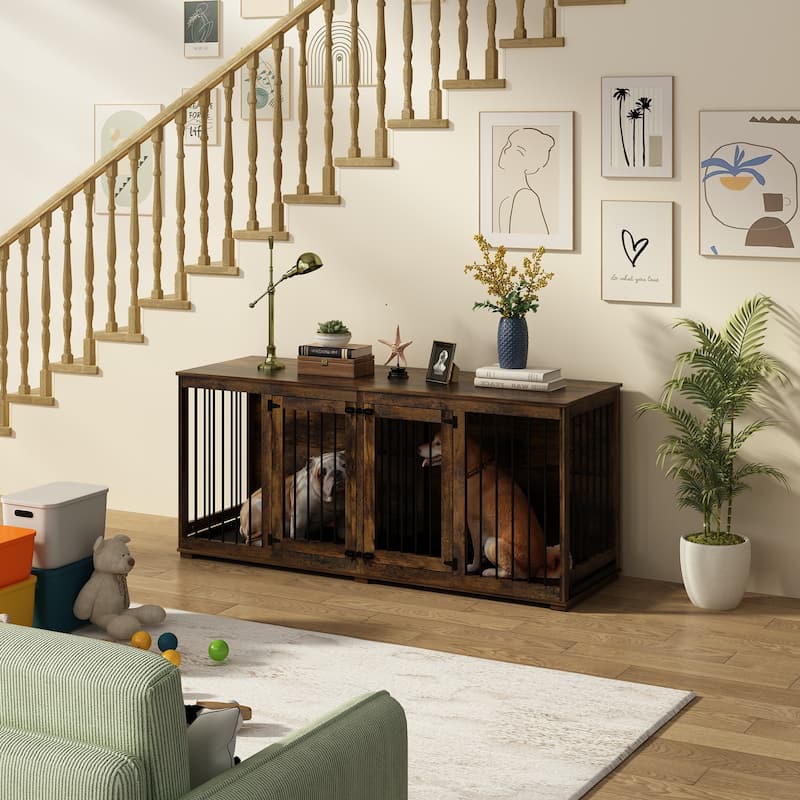 Dog Crate Furniture Indoor - Wooden Dog Kennel with Room Divider,Trays
