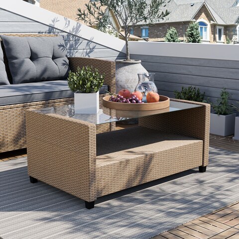 Alaya Modern Wicker and Glass Top Outdoor Coffee Table by M&L Co.
