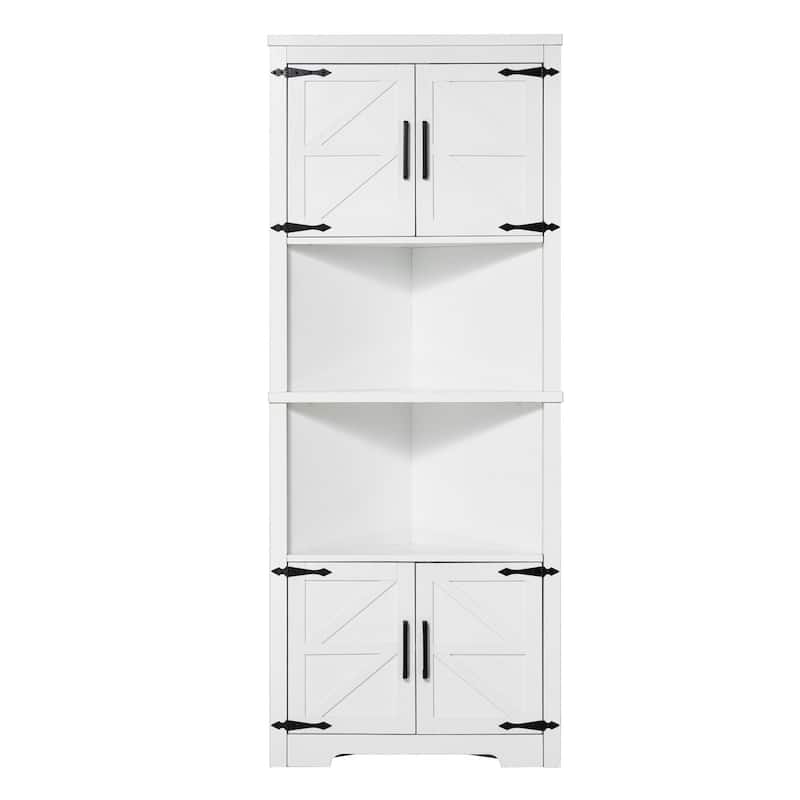 68" White Corner Storage Cabinet with 6 Adjustable Shelves and 4 Wooden Doors - 27"L x 14.2"W x 67.3"H