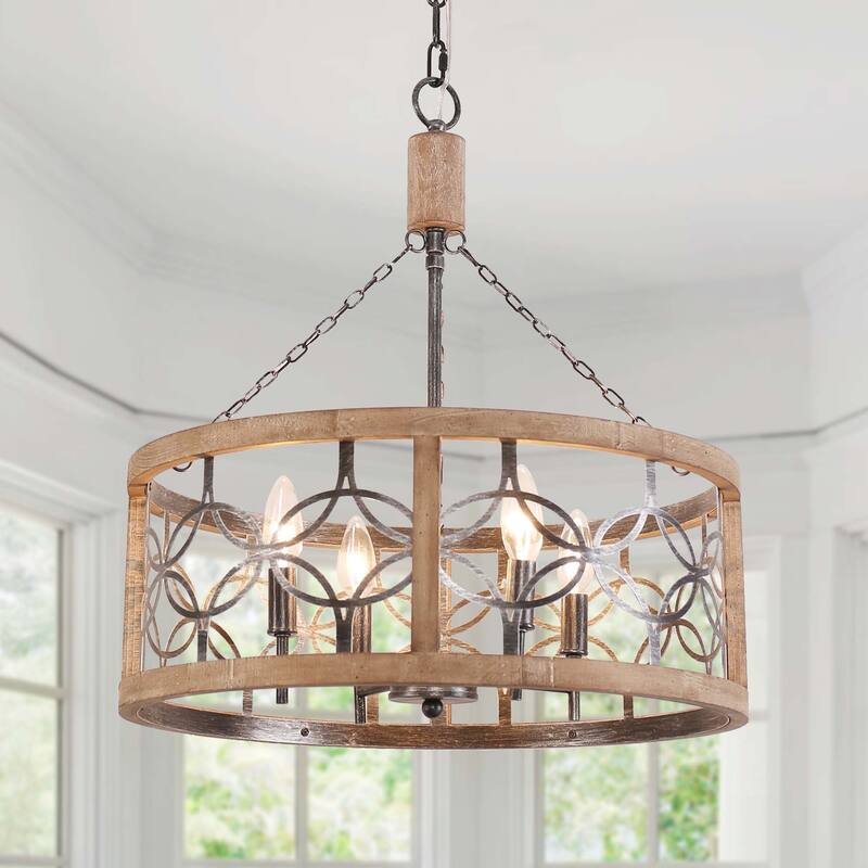 Cusp Barn 4-Light Rustic Wood Chandelier Shabby Hanging Lamp Farmhouse Drum Pendant Light Fixtures for Entryway - Weathered Wood