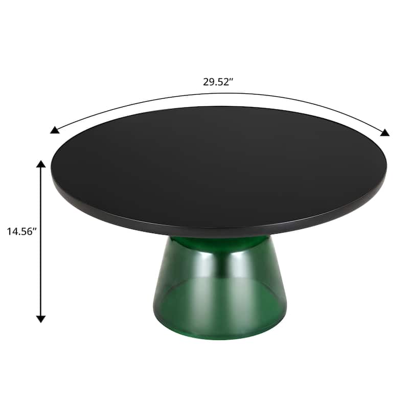 30-Inch Round Coffee Table Glass/Stone Tabletop with Black Iron Rim Frame Glass Pedestal Base