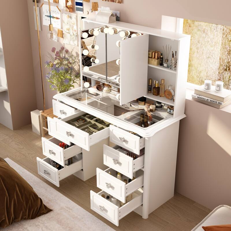 Contemporary Beauty Station - White Vanity Desk Makeup Vanity Dressing - 40.2"Wx54.1"H