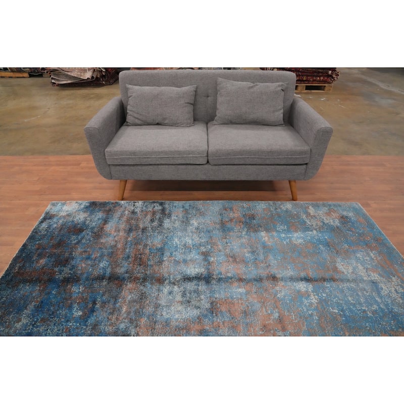 Hand Knotted Oriental Viscose Silk Carpet Modern Abstract Navy Blue & Blues Abstract Area Rug - 7' 10'' X 5' 0''