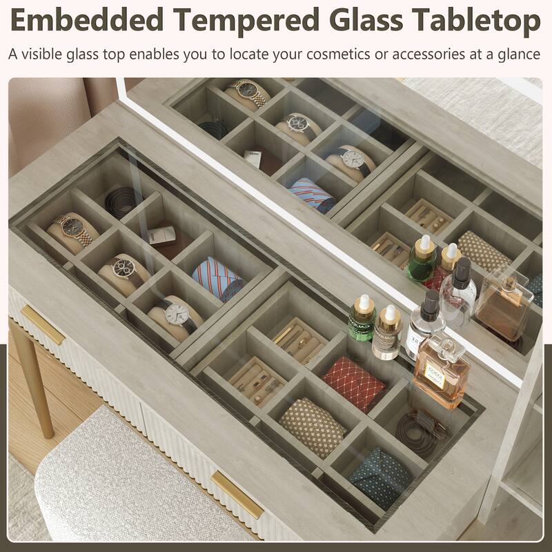 Modern Fluted Makeup Vanity Desk with Lighted Mirror, Dressing Table