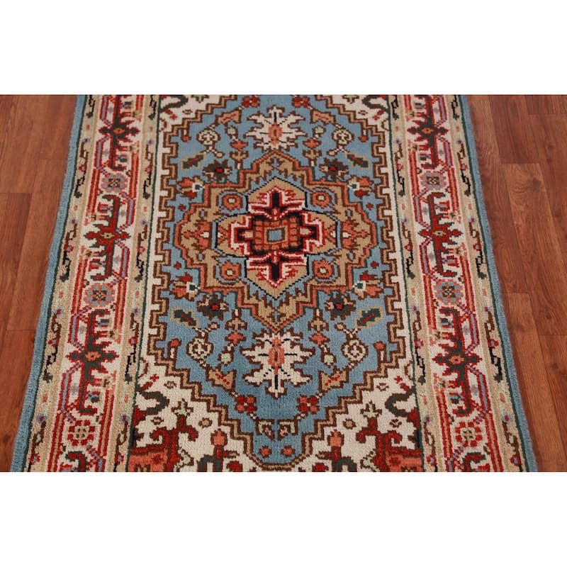 Light Blue Heriz Serapi Indian Foyer Rug Hand-Knotted Wool Carpet - 3'0"x 5'1"