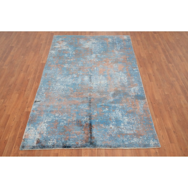 Hand Knotted Oriental Viscose Silk Carpet Modern Abstract Navy Blue & Blues Abstract Area Rug - 7' 10'' X 5' 0''