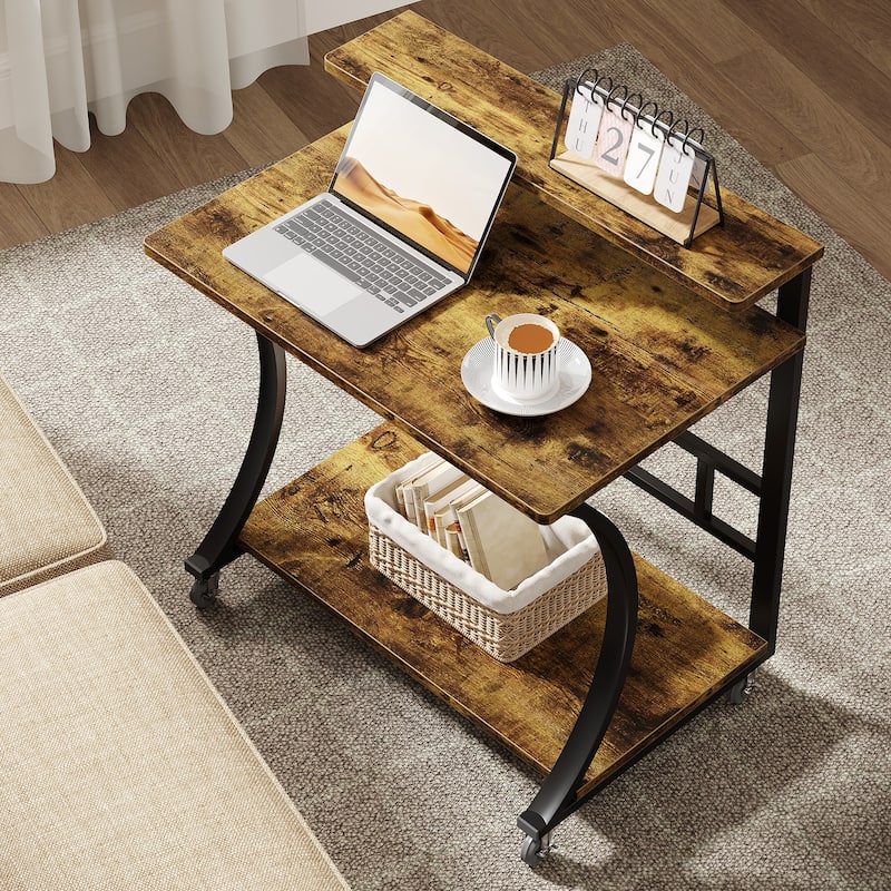 Industrial 2-Tier Mobile End Side Table - Locking Casters - Brown+Black