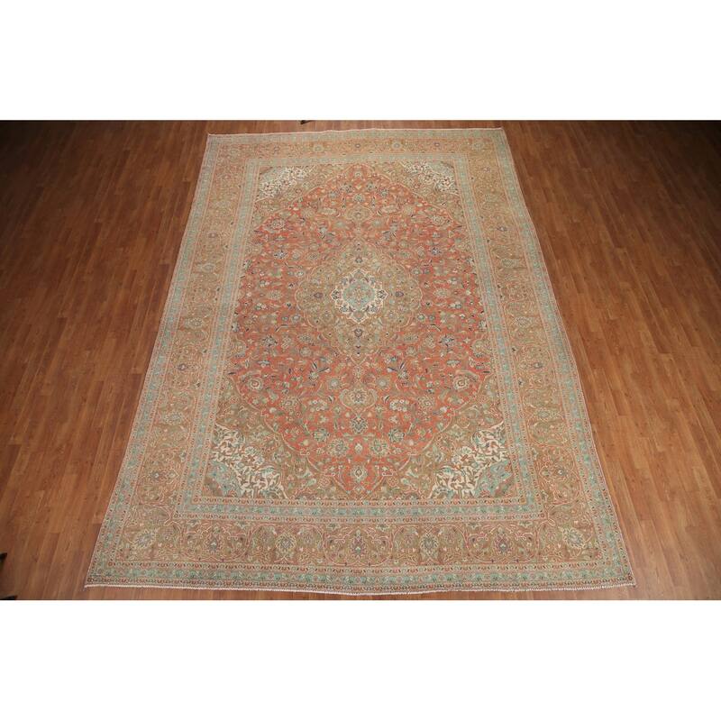 Hand Knotted Oriental 100% Wool Carpet Traditional Floral Oranges & Rust Mashad Area Rug - 13' 3'' X 9' 4''