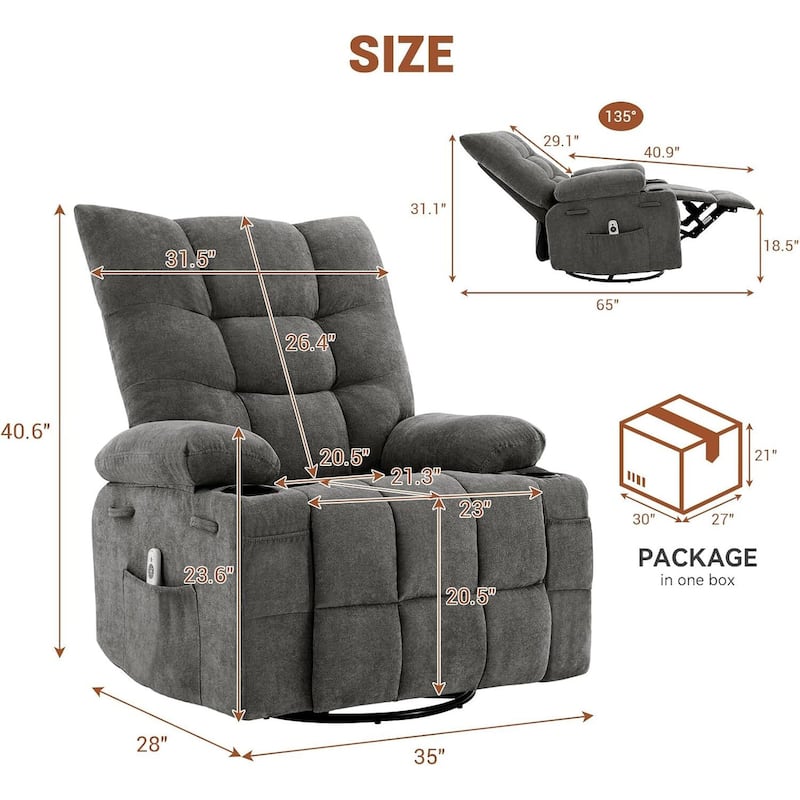Swivel Rocker Recliner Chair, with Massage and Heat and Side Pocket