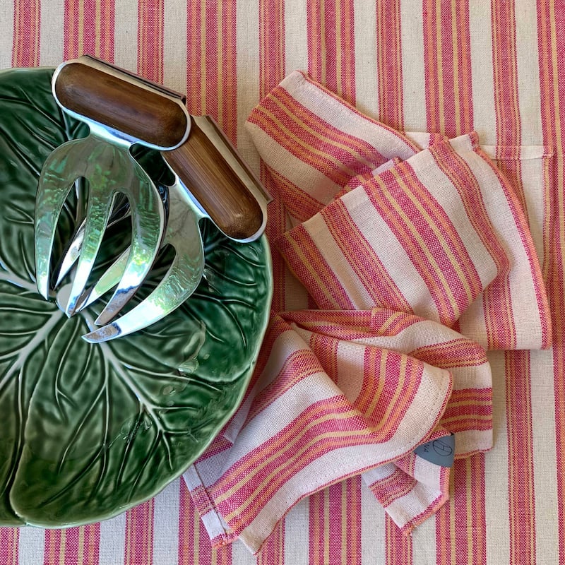 Hilana Upcycled Cotton Andana Striped Tablecloth Set Magenta