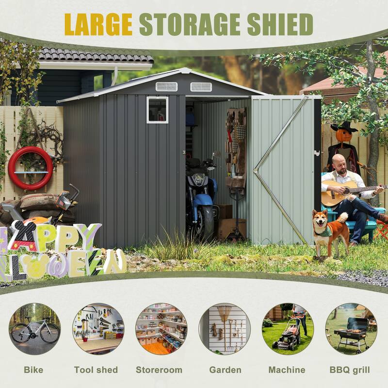 6x8FT Outdoor Steel Storage Shed with Clear Window, Lockable Doors, Compact Metal Tool Shed for Garden