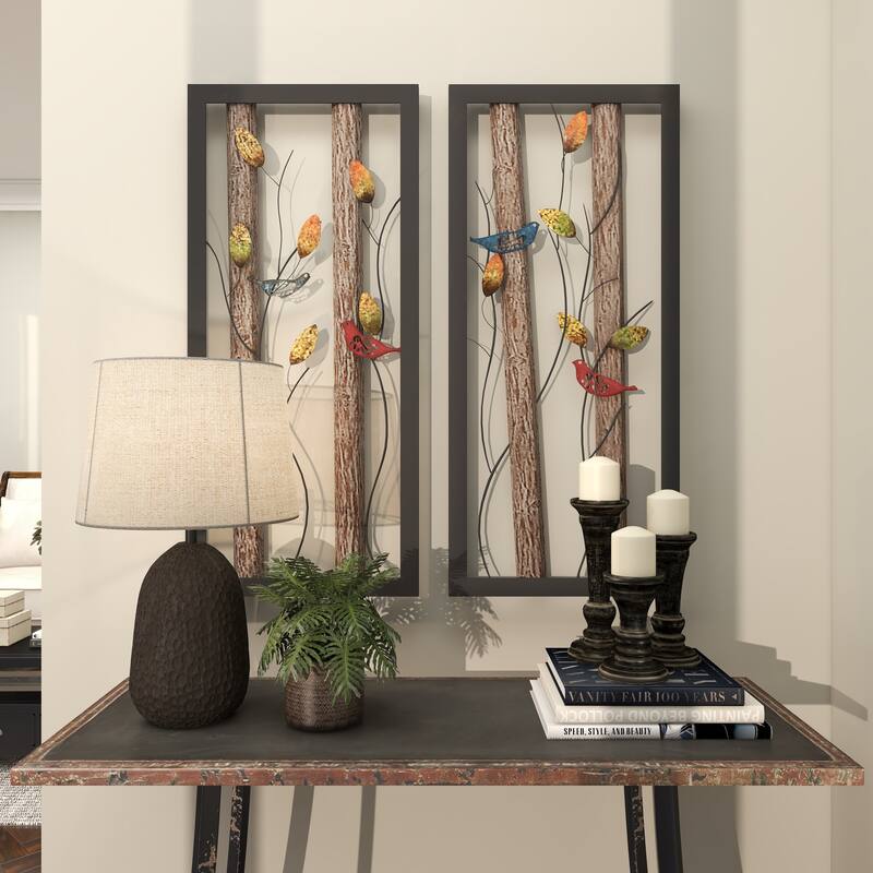 Black Metal Bird Wall Decor with Tree Branches and Colorful Leaves