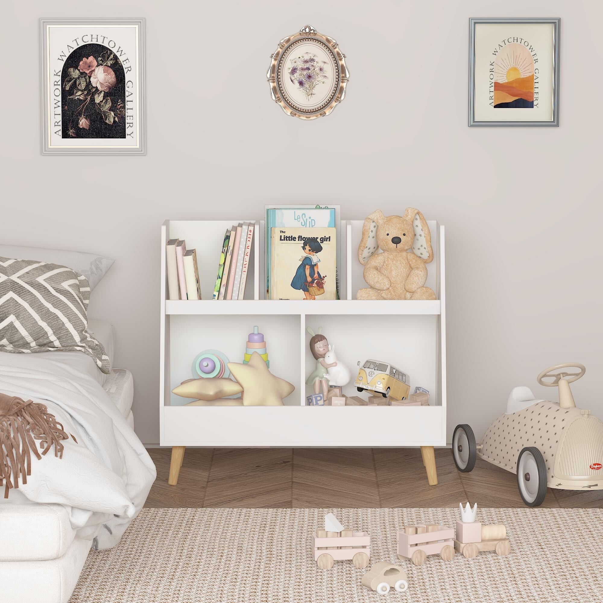 Kids Bookshelf and Toy Organizer 5 Cubbies Wooden Open Bookcase 2 Tier Baby Storage Display Organizer with Legs Free Standing White