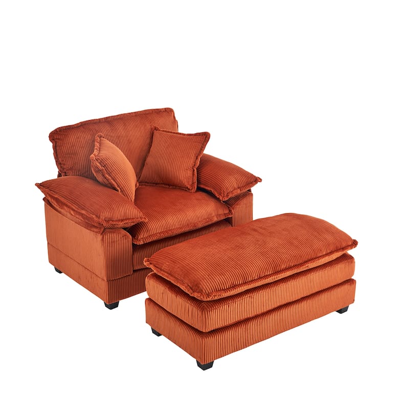 56.3 Inch Corduroy Single Deep Seat Sofa Chair With 2 Toss Pillows and a Ottoman