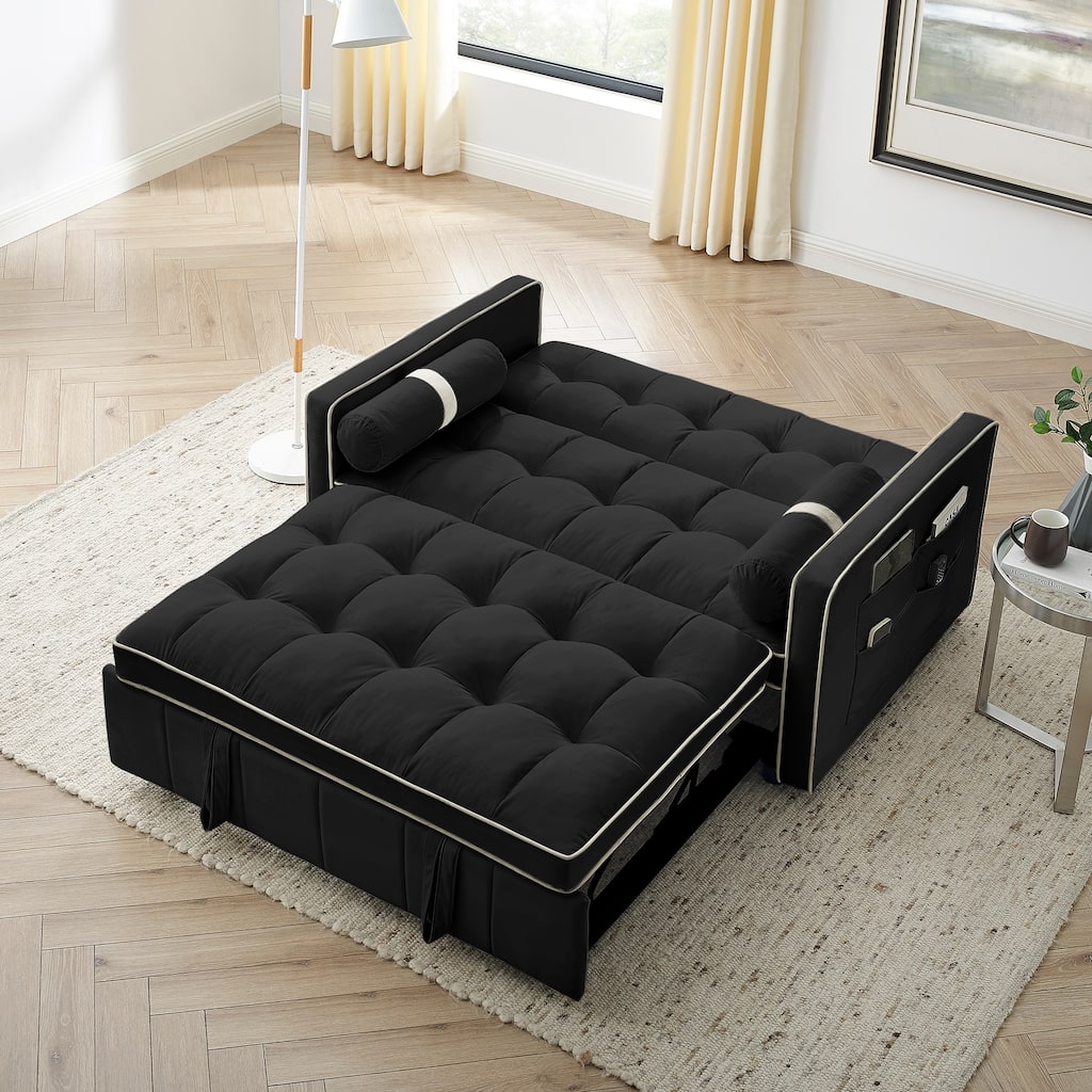 55.5" Black Velvet Sofa Couch, 2-in-1 Pull Out Sleeper Loveseat Sofa