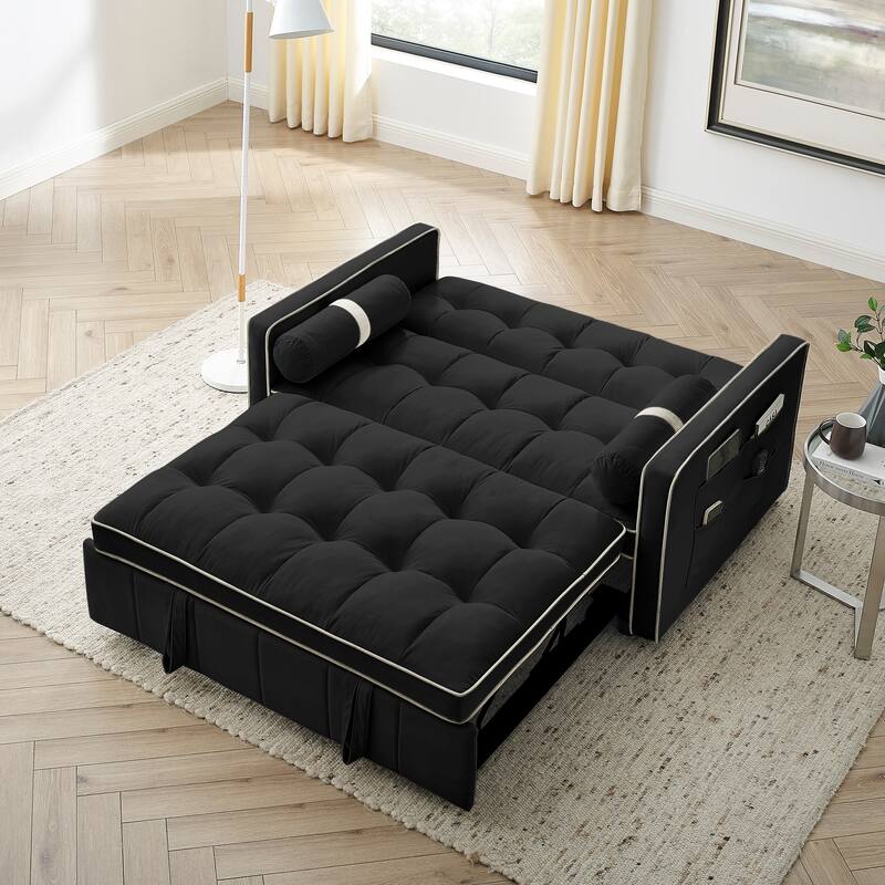 55.5" Velvet Fabric Sofa Bed, Pull-Out 2-Seater Loveseat Sofa Bed - Black