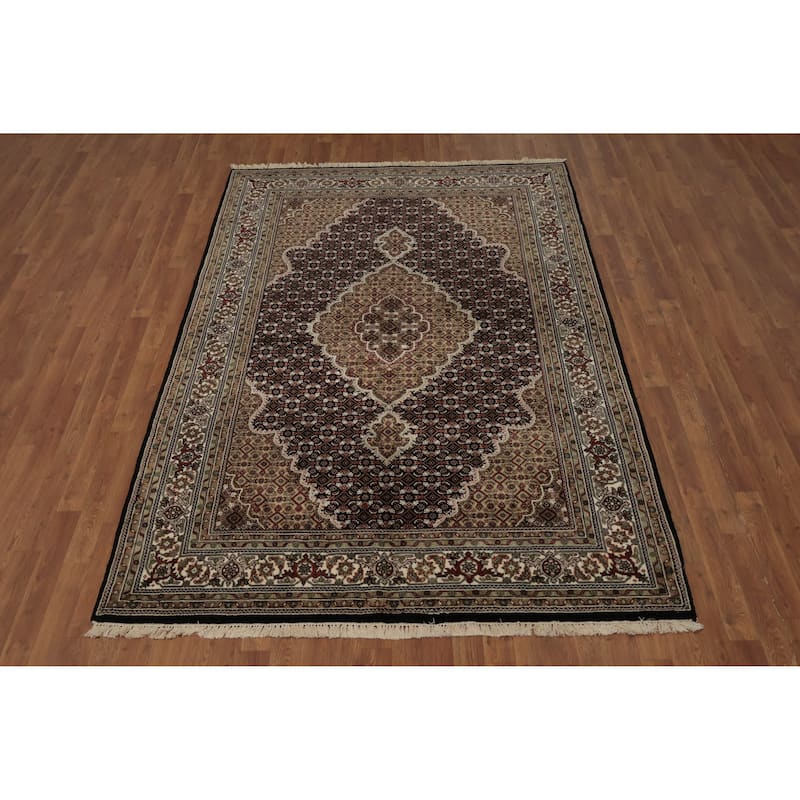 Hand Knotted Oriental 100% Wool Carpet Traditional Floral Black Tabriz-Mahi Area Rug - 8' 8'' X 5' 8''