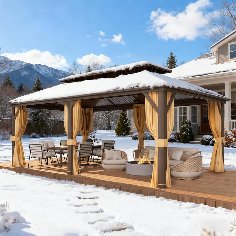 Outdoor Hardtop Gazebo with Galvanized Steel Double Roof & Aluminum Frame, Outdoor pergola with Premium Curtains and Nettings - 12' x 20' -Rain-Gutter - Aluminum Frame
