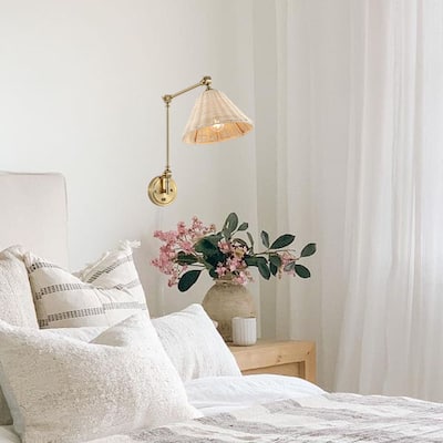 WINGBO Adjustable Swing Arm Wall Sconce with Neutral Beige Rattan Shades