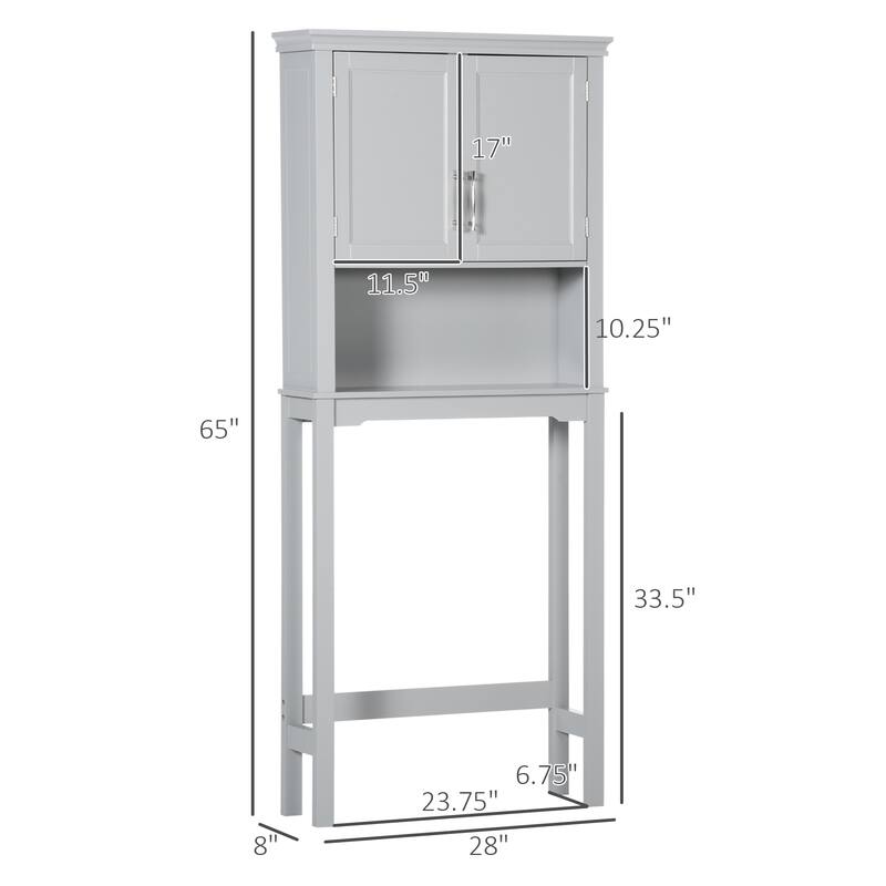 Grey Space-Saving Bathroom Cabinet with Classic Shaker Door and Open Storage Shelf - 28" W x 8" D x 65" H