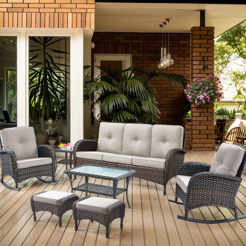 7 Pieces Rocker Chairs Sofa Coffee Table and Ottomans - Brown - Beige