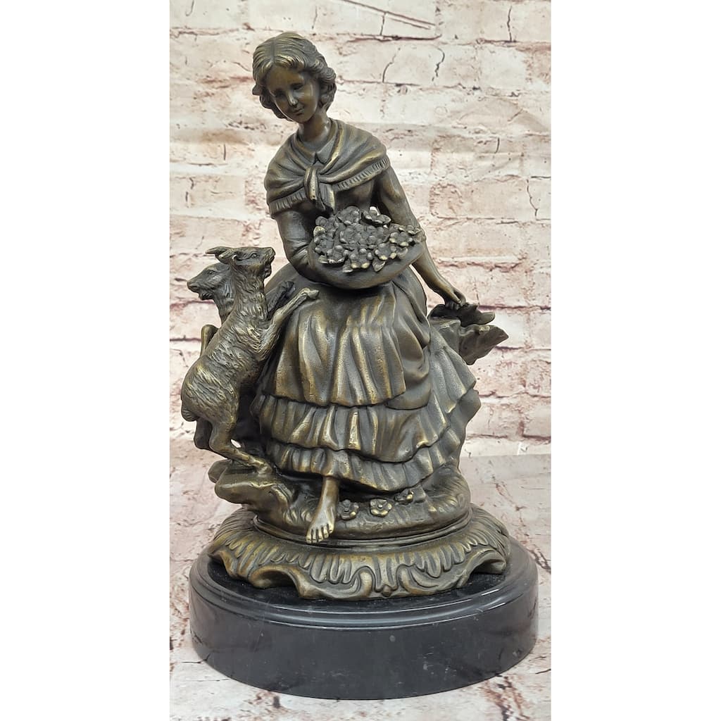 Charming Bronze Sculpture Of Young Girl With Basket Of Flowers And Playful Lamb – Classic Art Figurine On Marble Base