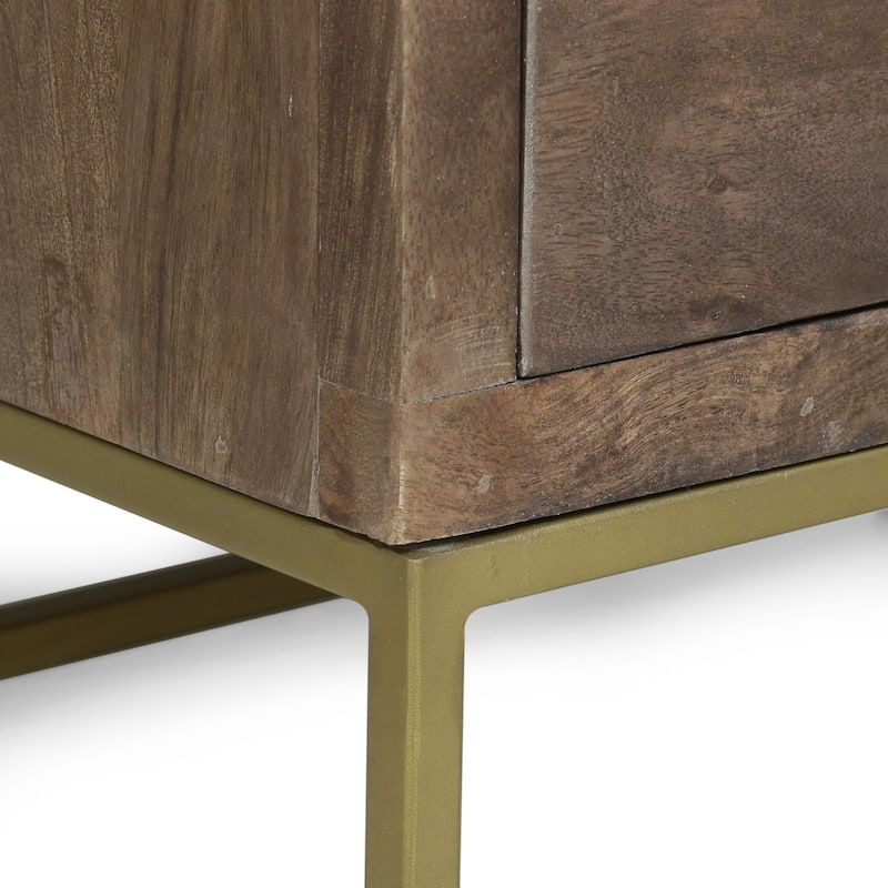 Contemporary Mango Wood Nightstand, Mid-Century Modern Design, Gold Accents, Durable Iron Frame, 3 Drawers