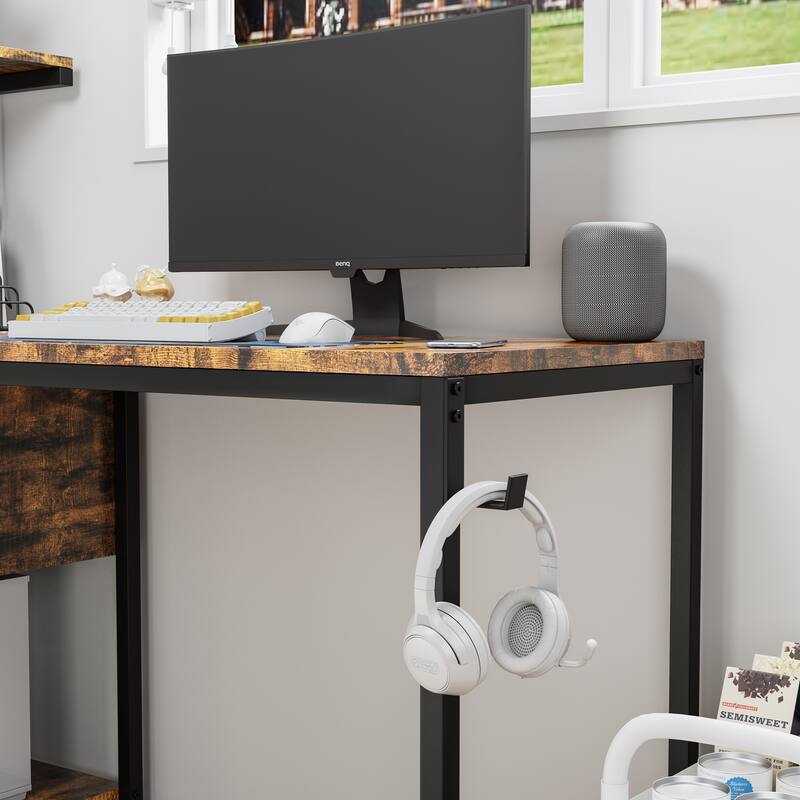 Computer Desk with Power Outlet & Reversible Shelves, Office Desk with USB Ports Charging Station & LED Lights