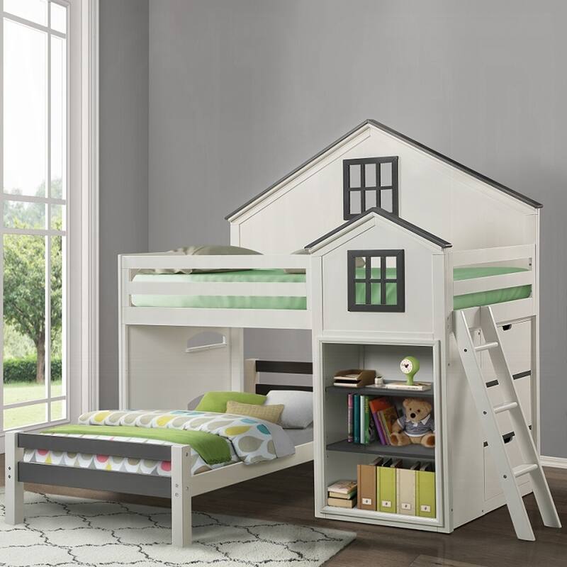 Wooden Twin Loft Bed with Storage in Gray and White