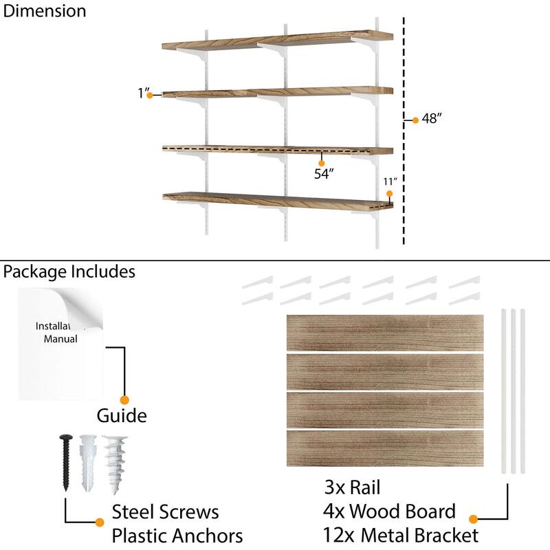 Wallniture Turin 54" Floating Adjustable Shelf, Wall Mounted Shelves with Tier Options, Living Room Shelves, Rustic & Boho Decor