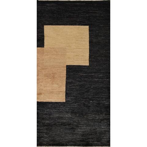 Geometric Modern Gabbeh Runner Rug Hand-Knotted Wool Carpet - 3'4" x 6'9"