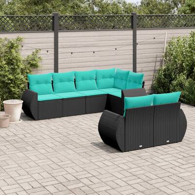 vidaXL 7 Piece Patio Sofa Set with Cushions Black Poly Rattan - 28 x 24.4 x 27.2