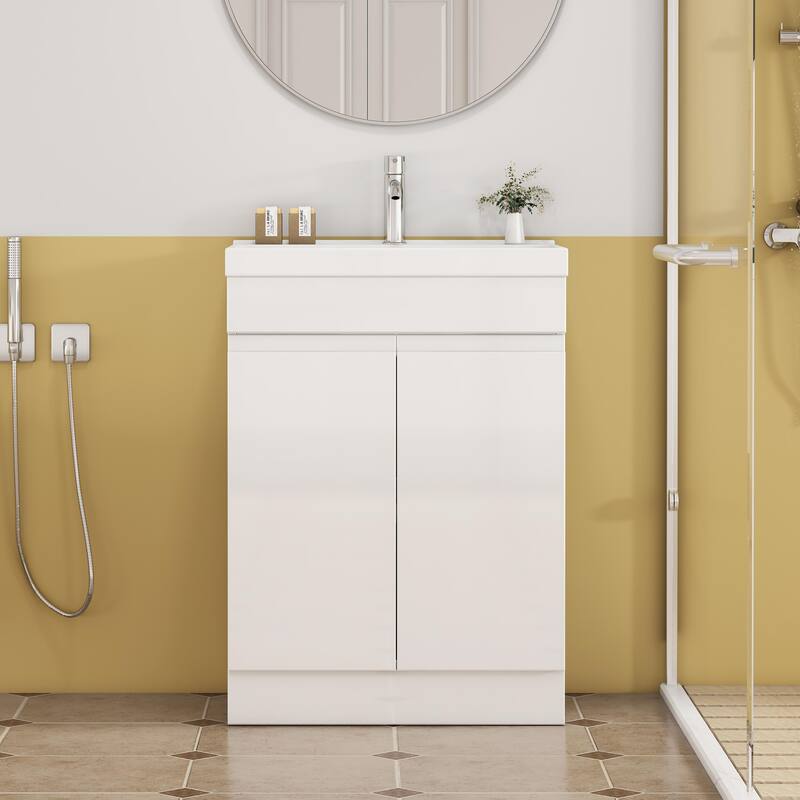 Modern Bathroom Vanity 24 Inch, All-in-One with Sink, Mirror & Handle-Free Storage, Soft-Close and Easy Assembly