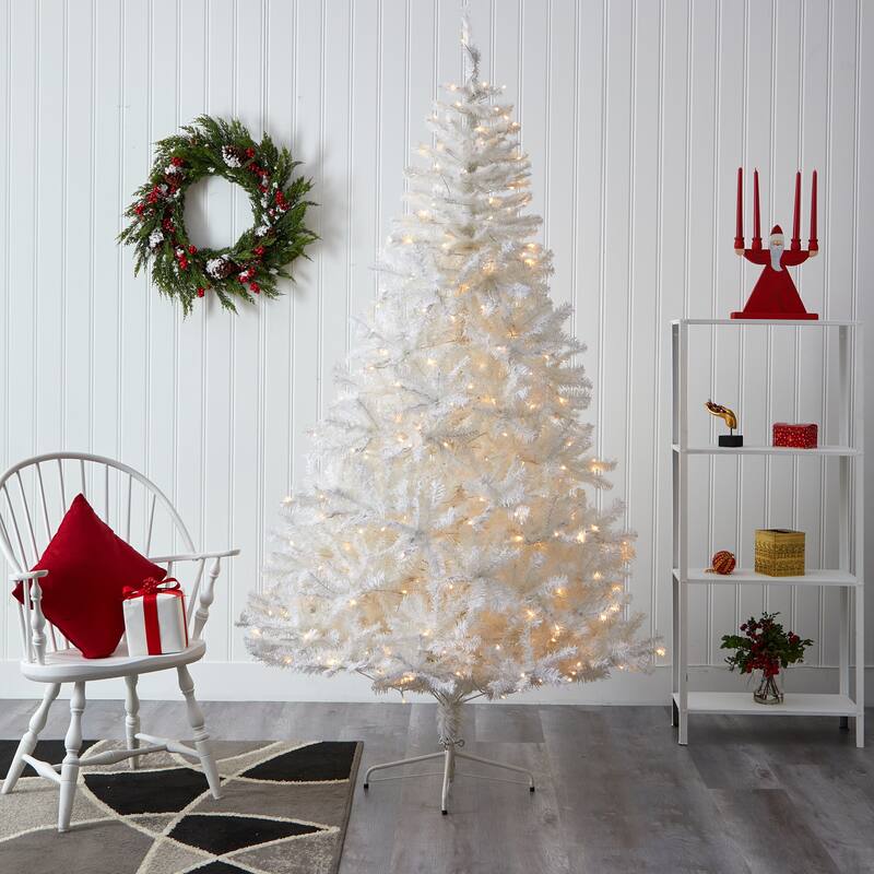 7.5' Pre-Lit Snow White Artificial Christmas Tree, Warm Clear LED Lights - 7.5 Foot