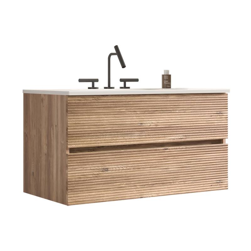 GDFStudio - Gloria Modern Wall-Mounted Floating Bathroom Vanity with Integrated Ceramic Basin & Soft-Close Drawers