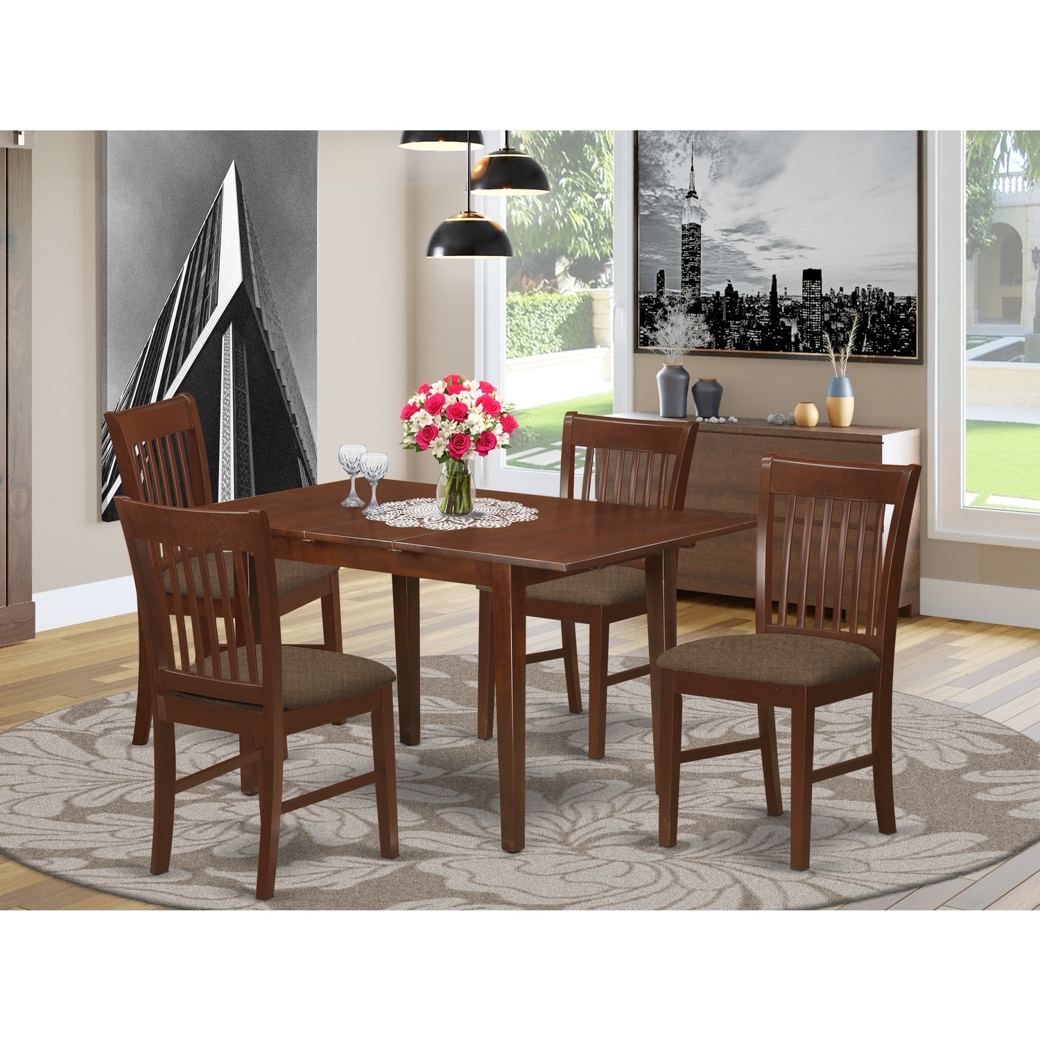 HomeStock 5-Piece Rectangle Mahogany Finish Solid Wood Top Dining table with 4-Chairs