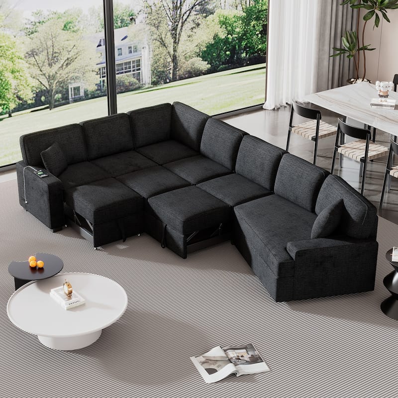 126" L-shaped Blue Black Pull-out Sectional Sofa Bed with Chargers, Cup Holders, Chenille Upholstery