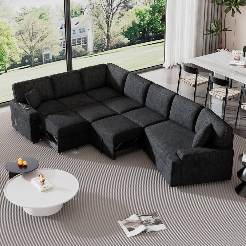 Modern L-Shaped Sectional Sofa with Pull-Out Bed, USB Ports and Drop-Down Cup Holder Tables for Living Room