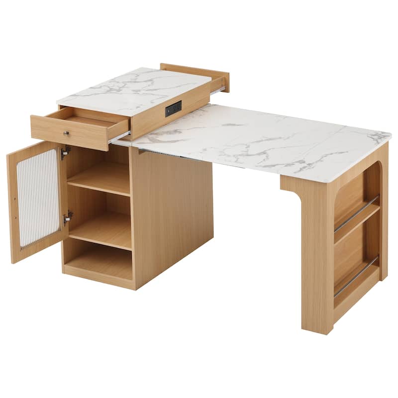Kitchen Island with Extendable Dining Table, Kitchen Storage Table with 2 Drawers, Power Outlet, Open Shelves, for Diningroom