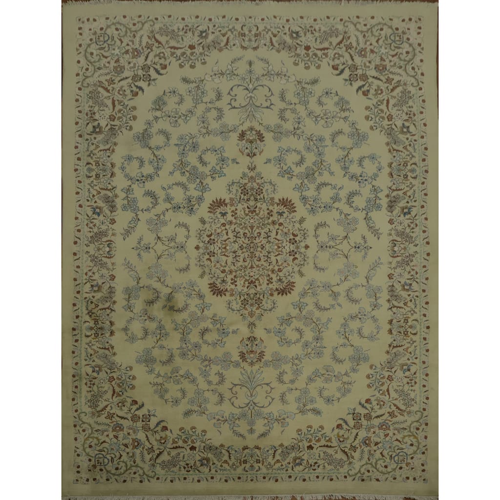 Hand Knotted Oriental 100% Wool Carpet Traditional Floral Beige & Ivories Kashan Area Rug - 10' 10'' X 8' 2''