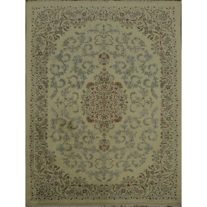 Hand Knotted Oriental 100% Wool Carpet Traditional Floral Beige & Ivories Kashan Area Rug - 10' 10'' X 8' 2''