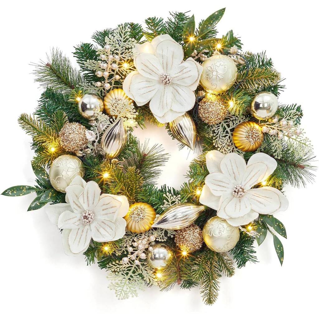 24 Inch PVC Christmas Wreath, White Pine Magnolia Garland for Front Door - N/A