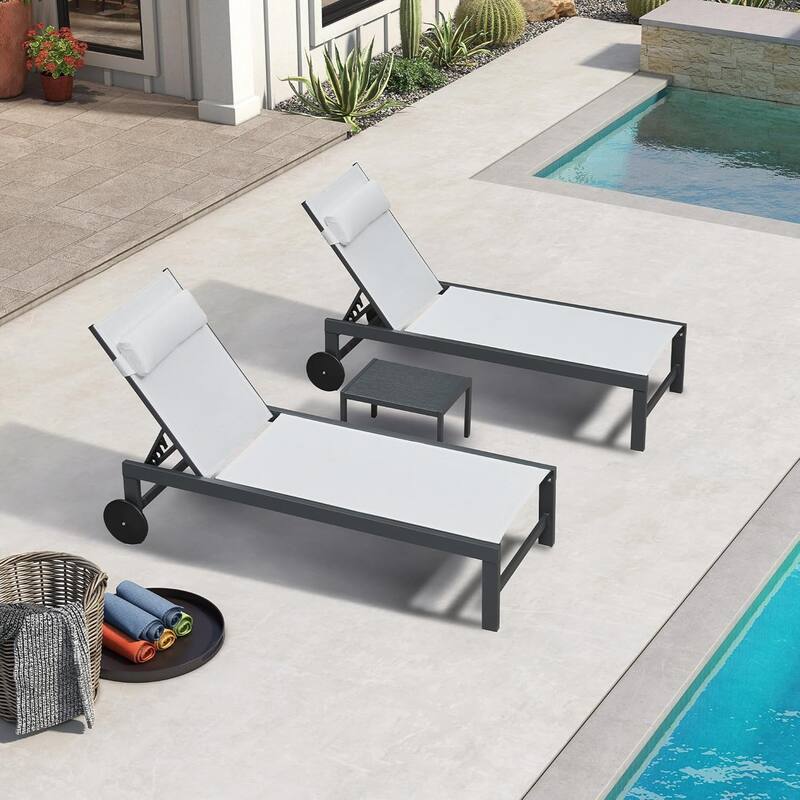 PURPLE LEAF Lounge Chair Set for Outside Aluminum Patio Recliner with Side Table and Pillow Beach Sunbathing Tanning Chairs - Straight leg(White)