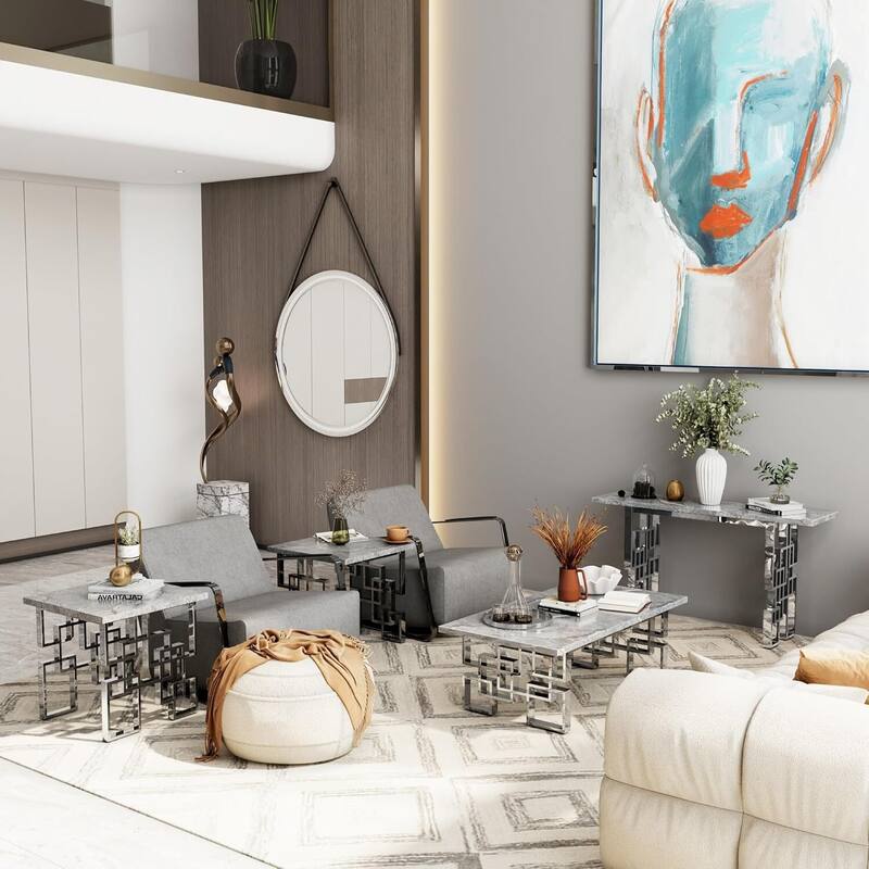 Faux Marble Coffee Table with Metal Legs for Living Room Office