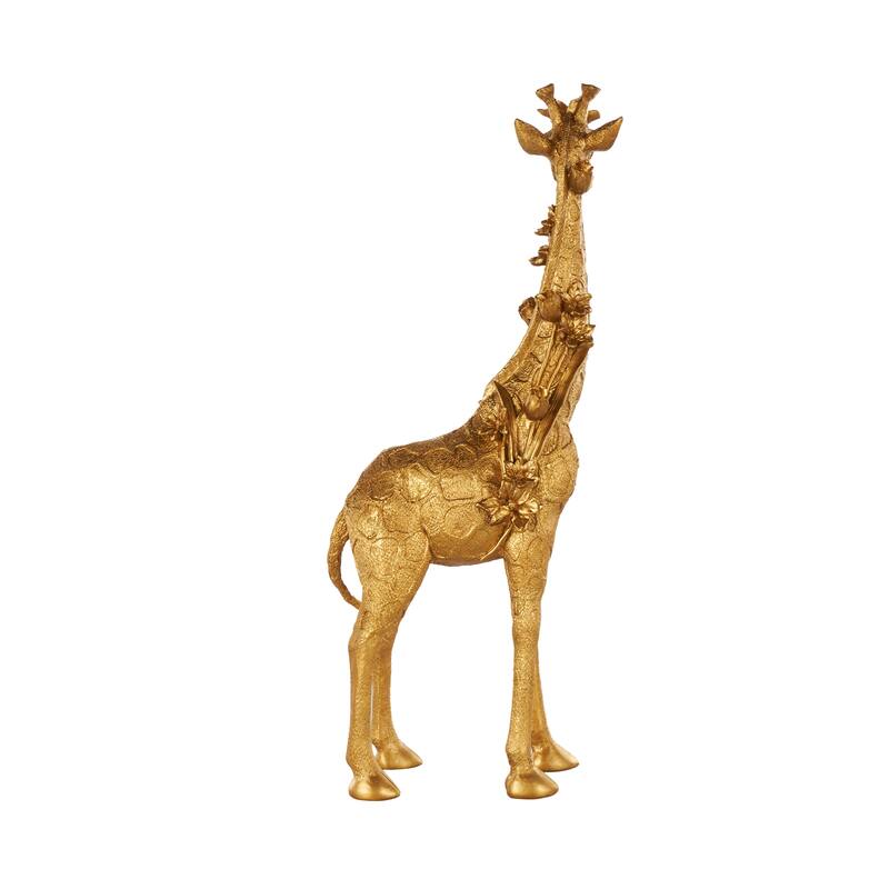 Gold Resin Standing Giraffe Decorative Sculpture with Textured Spots and Floral Accents