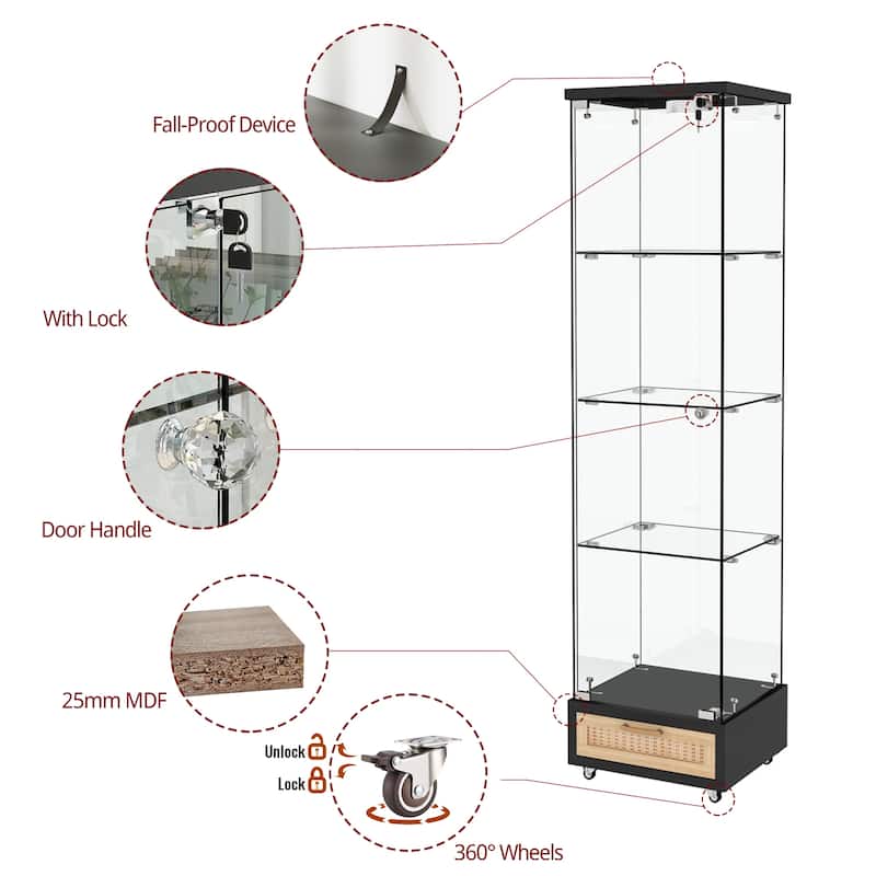 65.9" Modern Glass Display Cabinet with Drawer, LED Lights & 4 Tempered Glass Shelves - Lockable Storage Case