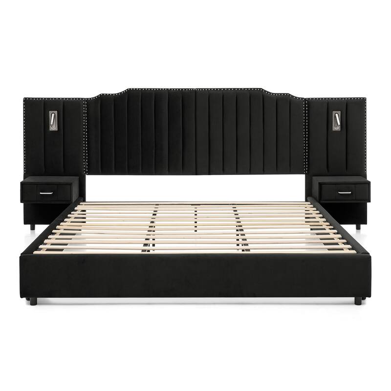 King/Queen Velvet Bed Frame with Vertical Stitch Headboard & Side Table